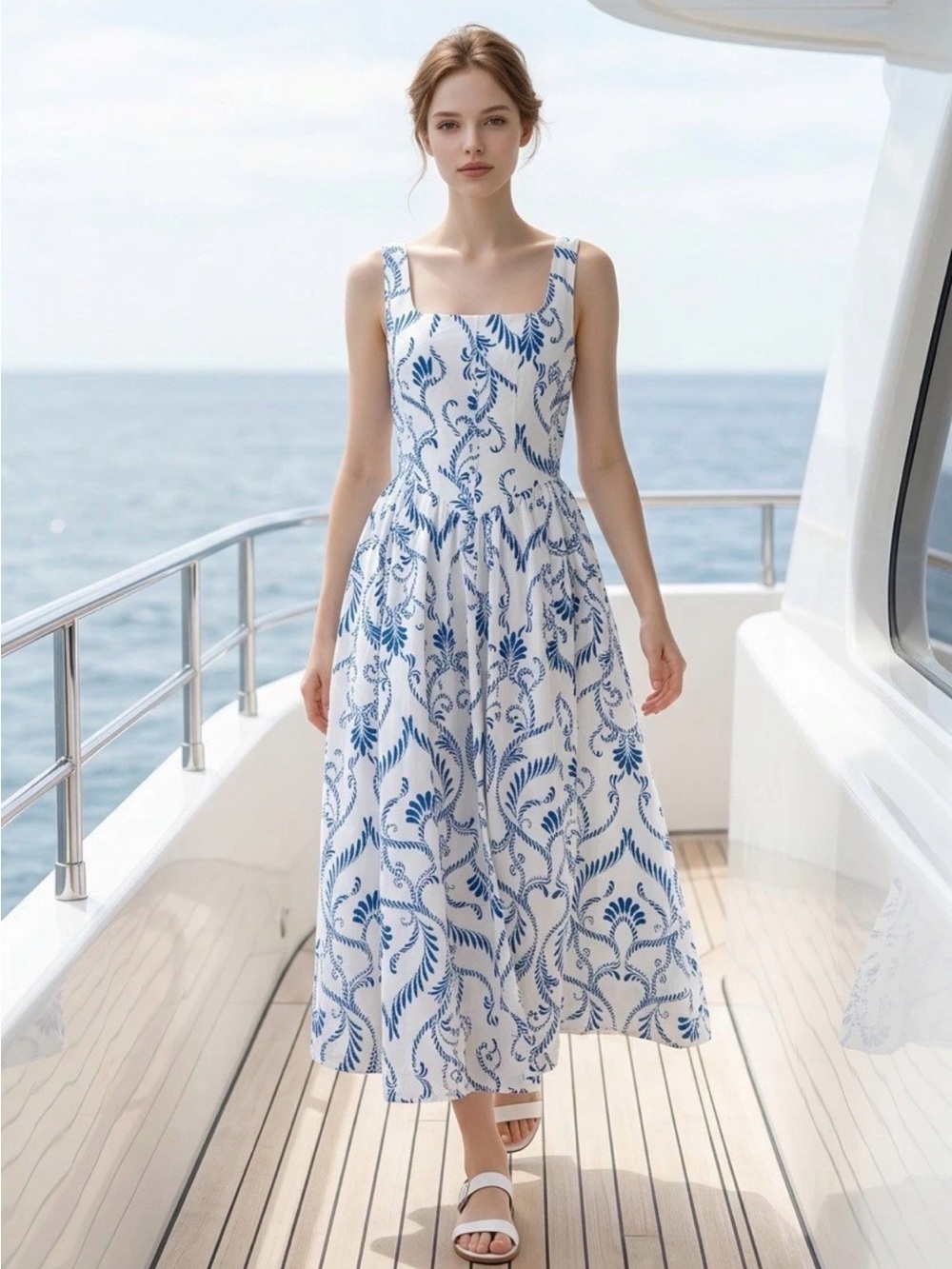 7 for all mankind Blue and White Printed Midi Dress - Elegant Summer Style